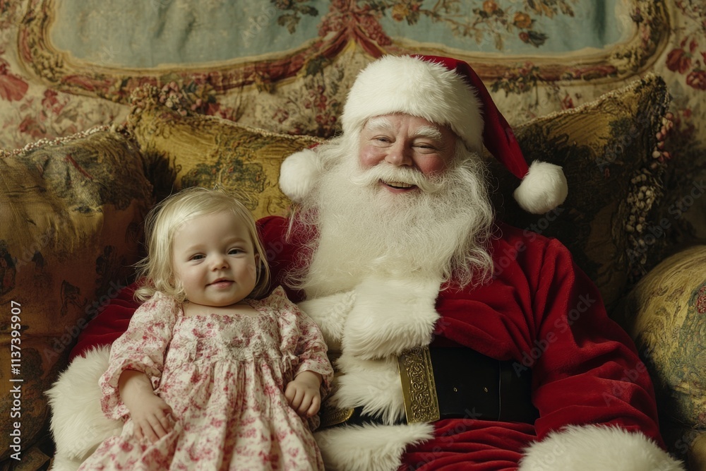 Obraz premium Acation season digital ads visual idea illustration for media and social apps use. Joyful christmas, Ñute baby girl grin with santa claus. Xmas wonders photos. Baby photo santa family.