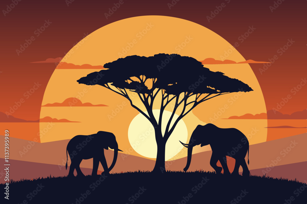 Fototapeta premium Vector Art of Elephants at Sunset in African Savannah