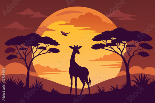 Photography giraffe at sunset landscape vector illustration