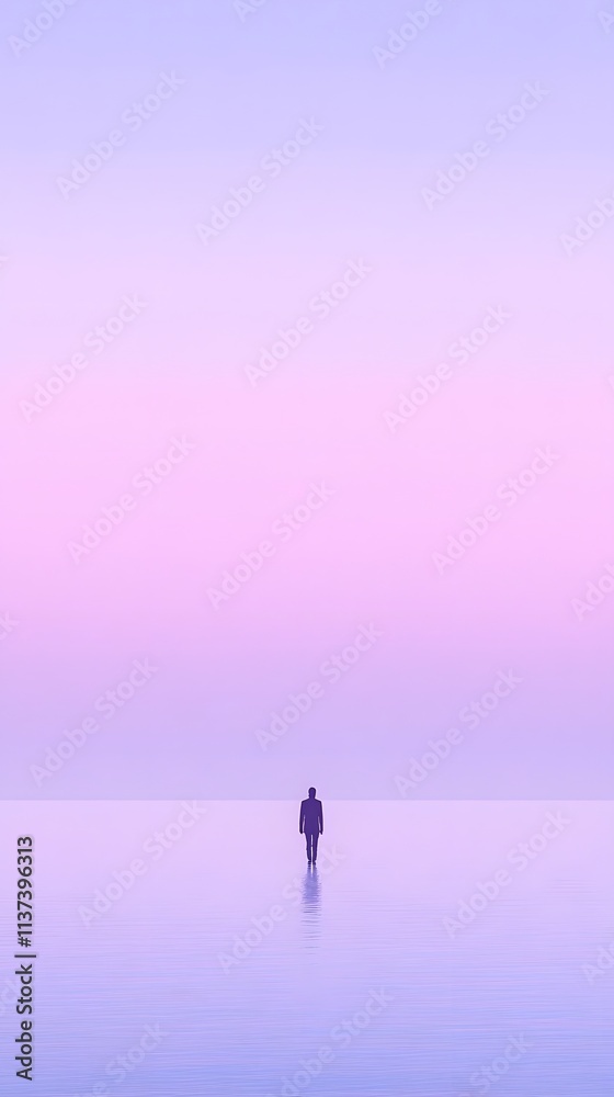 Solitary Figure Walking on Calm Lavender Water Solitary Figure Walking on Calm Lavender Water