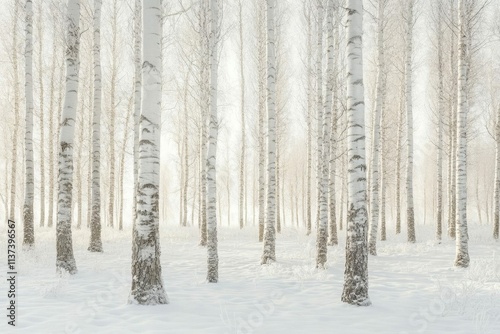 A serene winter forest with white birch trees and snow-covered ground.