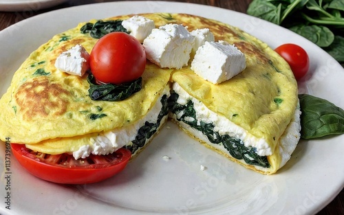 A delicious spinach and feta omelette served with a slice of tomato on a plate.