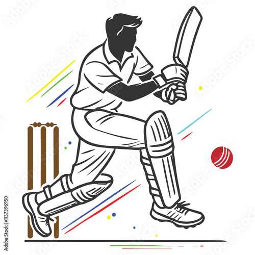 cricket player Bats man hitting ball vector  illustration for cricket match poster banner or flyer, line art, silhouette.	