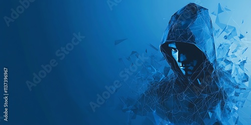 Mysterious Hacker in Blue Light Stock Photo for Cybersecurity, Technology, and Digital Privacy Concepts
