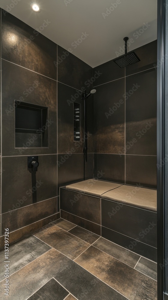 Modern shower space with dark tiles and minimalist design. Modern shower space with dark tiles and minimalist design.