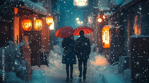 Romantic Couple Walking Under Umbrellas in a Snowing Japanese Street at Night Perfect for Travel Blogs,Romantic Themes