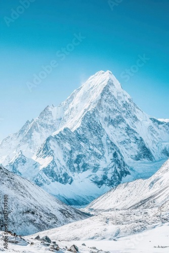 Majestic snow-covered mountain peak under a clear blue sky.