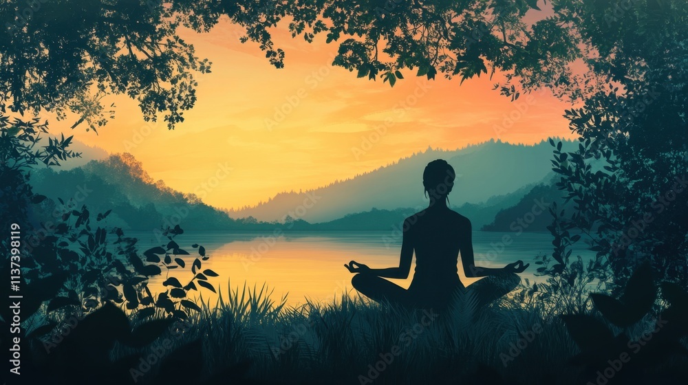 A serene silhouette meditating by a tranquil lakeside at sunset. A serene silhouette meditating by a tranquil lakeside at sunset.
