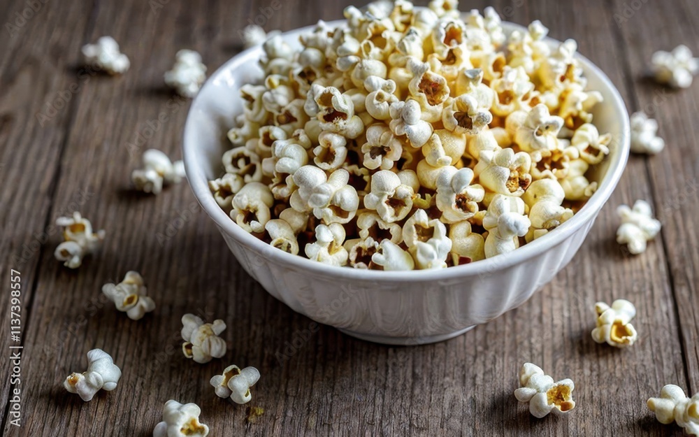 A bowl filled with popcorn surrounded by scattered pieces on a wooden surface. A bowl filled with popcorn surrounded by scattered pieces on a wooden surface.