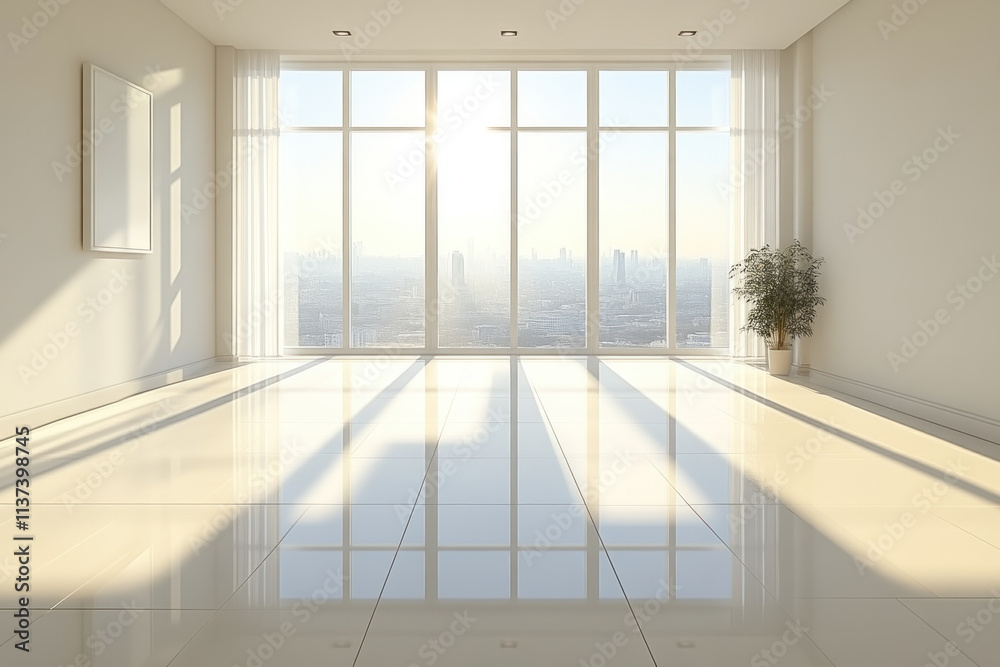 Fototapeta premium Empty room with city view and sunlight.