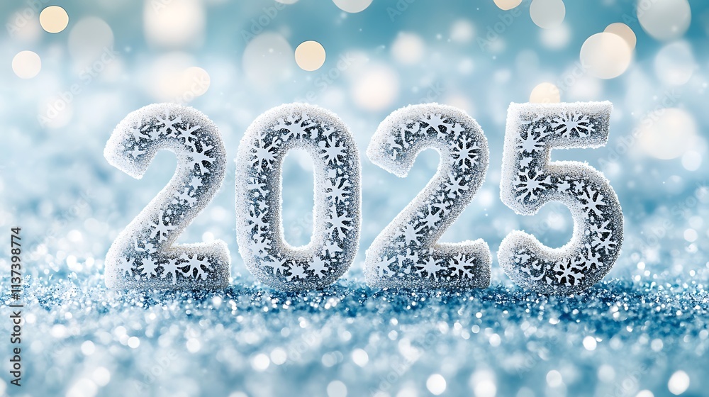 2025 in frosty, snowflake-decorated font with sparkling icy edges, frosty blue gradient background featuring soft light bursts and subtle bokeh for a magical winter look. --ar 16:9 2025 in frosty, snowflake-decorated font with sparkling icy edges, frosty blue gradient background featuring soft light bursts and subtle bokeh for a magical winter look. --ar 16:9