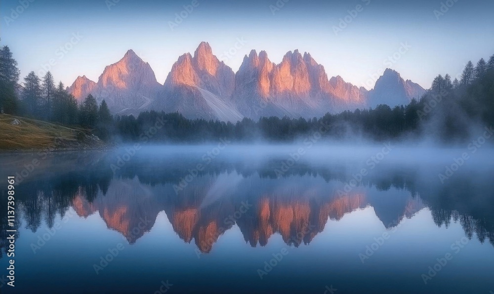 Fototapeta premium Serene mountain landscape reflecting in a calm lake at dawn.
