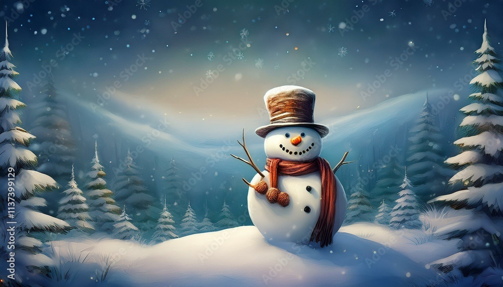 Fototapeta premium Festive Snowman in Snowy Christmas Scene Background Wallpaper