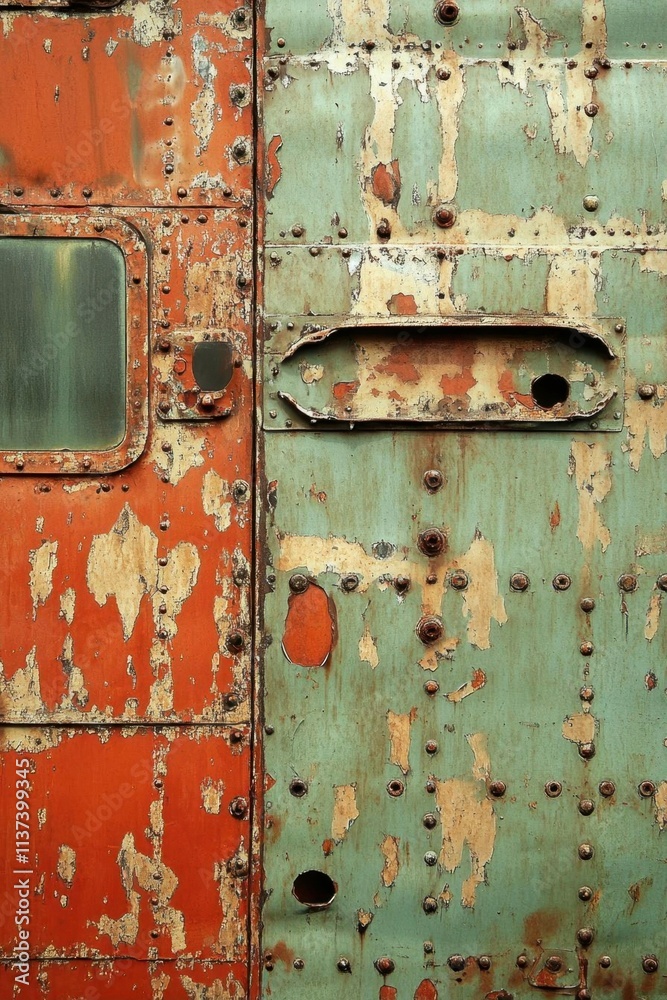 Close-up of a weathered metal door with peeling paint and rivets. Close-up of a weathered metal door with peeling paint and rivets.