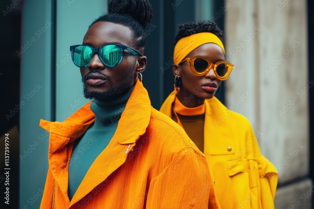 Stylish couple in vibrant outfits exuding confidence and fashion. Stylish couple in vibrant outfits exuding confidence and fashion.