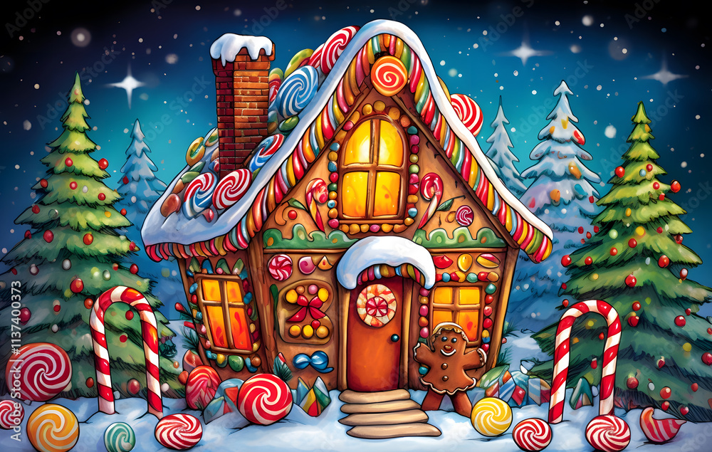 Obraz premium A cozy Christmas gingerbread house decorated with icing and sweets, with a snow-covered roof, festive holiday decorations and a winter atmosphere.