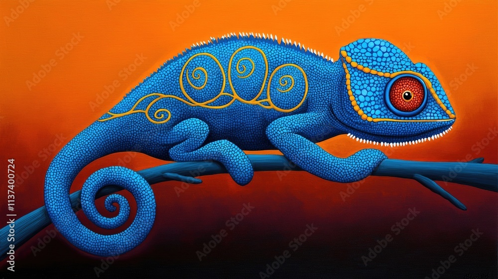 Fototapeta premium Vibrant chameleon observing sunset tropical forest digital artwork colorful environment close-up nature's beauty