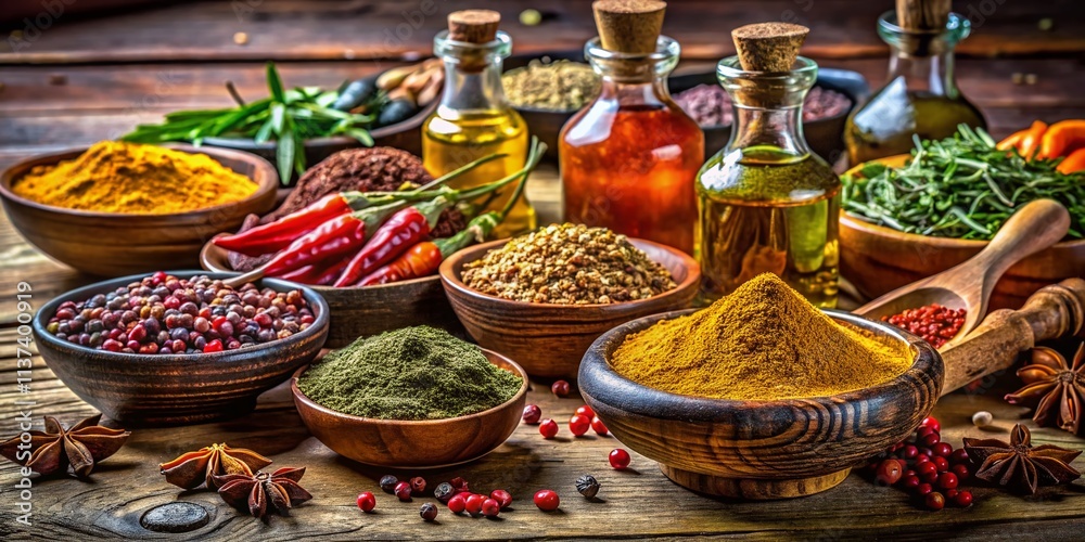 Fototapeta premium Aerial View of Aromatic Spices and Olive Oil in Rustic Bowls on Wooden Table, Capturing the Rich Colors and Textures of Ingredients for Culinary Inspiration