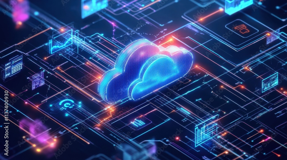 Digital cloud symbol amidst vibrant circuit patterns representing technology. Digital cloud symbol amidst vibrant circuit patterns representing technology.