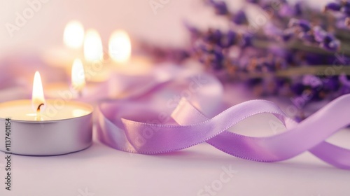 A symbolic World Cancer Day representation with intertwined lavender ribbons and candles against a soft lavender background, macro shot, Minimalist style photo