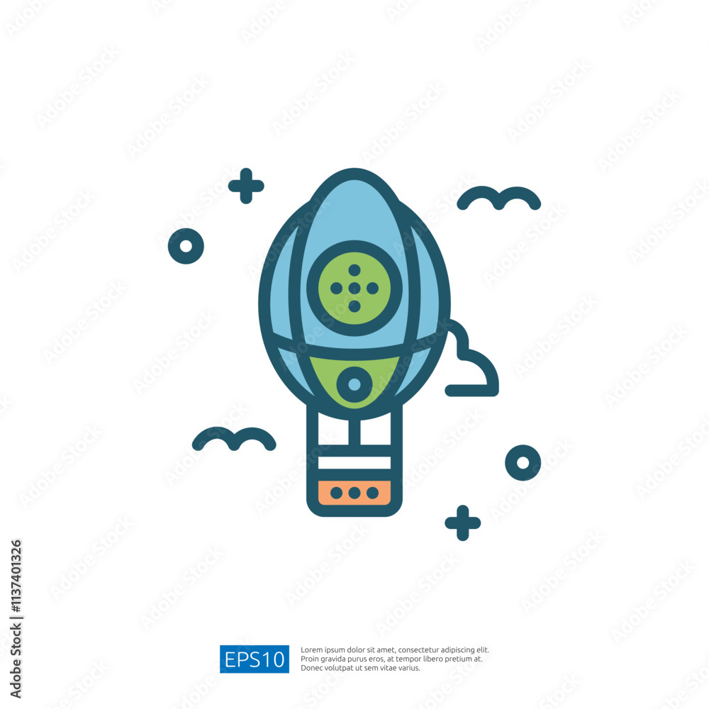 Obraz premium A stylized illustration of a hot air balloon, featuring a blue and green design with circular patterns, surrounded by clouds and decorative elements.