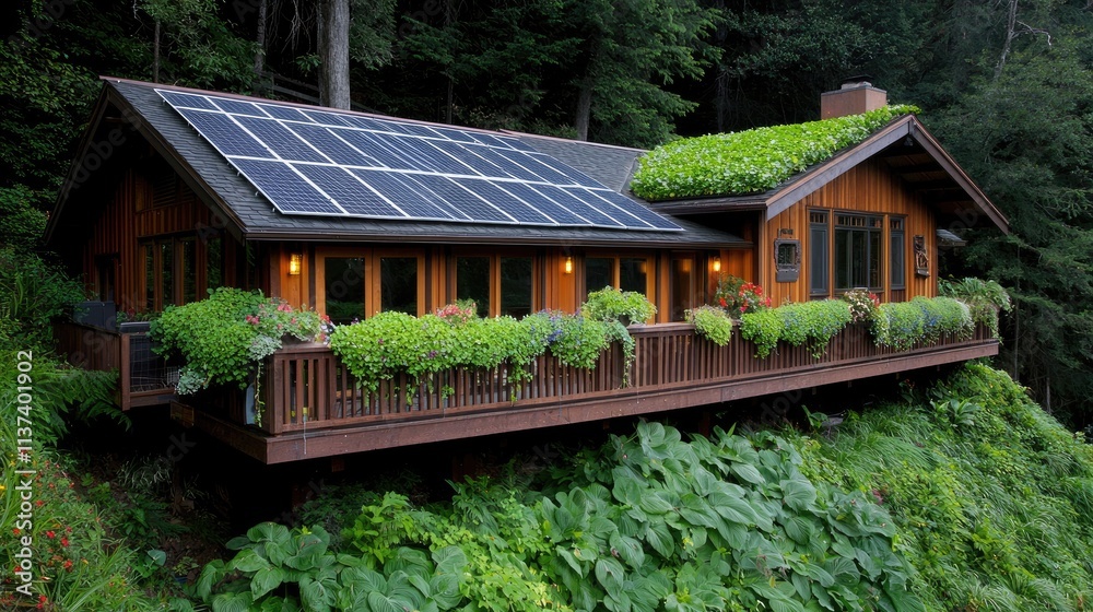 Sustainable modern home with solar panels forest setting architectural design eco-friendly aesthetic appeal Sustainable modern home with solar panels forest setting architectural design eco-friendly aesthetic appeal