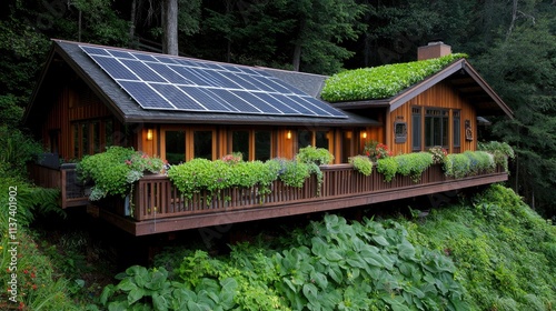 Sustainable modern home with solar panels forest setting architectural design eco-friendly aesthetic appeal