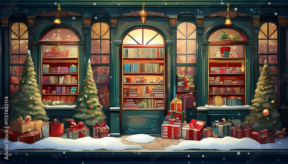 Christmas window display in a bookshop with beautifully wrapped gifts and festive decorations
Christmas window display in a bookshop with beautifully wrapped gifts and festive decorations