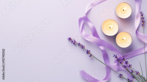 A symbolic World Cancer Day representation with intertwined lavender ribbons and candles against a soft lavender background, macro shot, Minimalist style photo