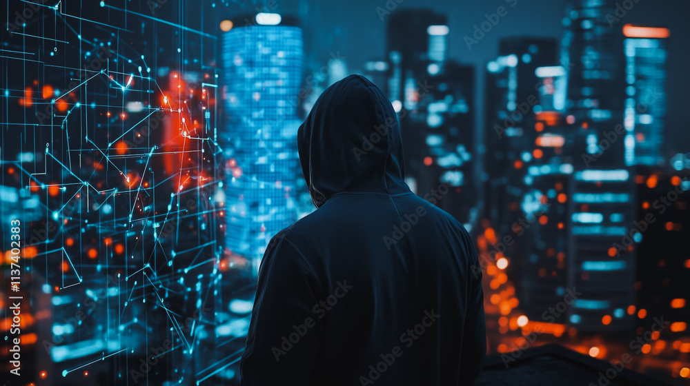 Obraz premium Hacker are planning to hack and attack networks and cyber security , innovative Smart city and graphs with statistics to analyze business potential and predict future developments in company growth.