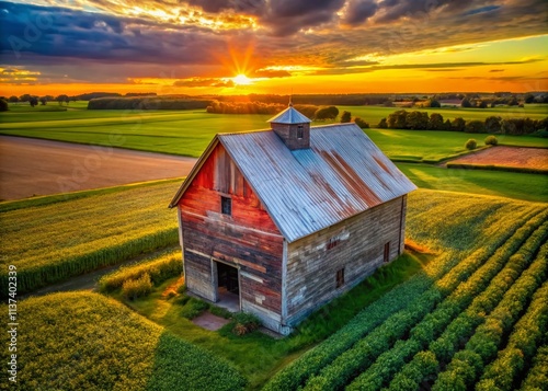 Aerial View Old Corn Crib Farm Rustic Structure Drone Photography Vintage Agriculture photo