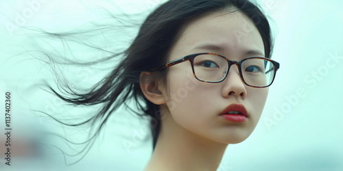 Young woman with glasses, hair blowing in wind