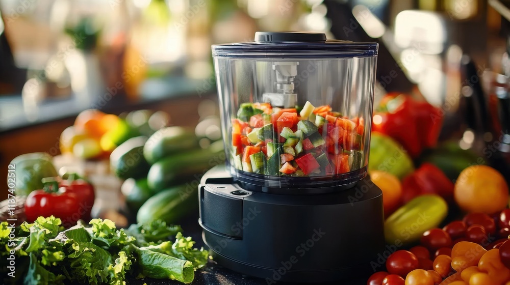 Sleek food processor on modern kitchen countertop surrounded by fresh vegetables and fruits, showcasing efficient kitchen appliance for healthy cooking and meal preparation. Sleek food processor on modern kitchen countertop surrounded by fresh vegetables and fruits, showcasing efficient kitchen appliance for healthy cooking and meal preparation.