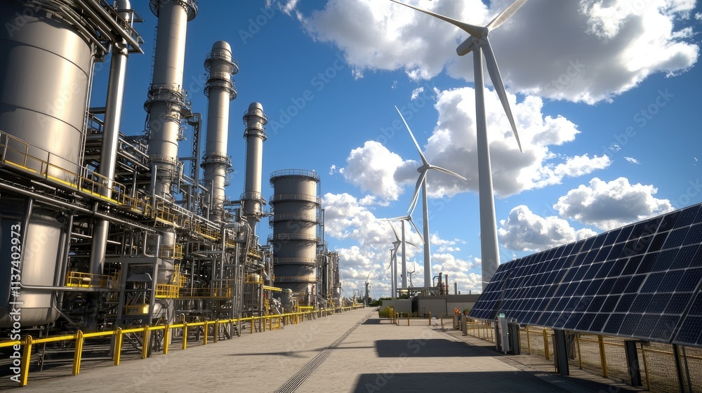 Renewable energy production industrial facility photography outdoor wide angle sustainable future Renewable energy production industrial facility photography outdoor wide angle sustainable future
