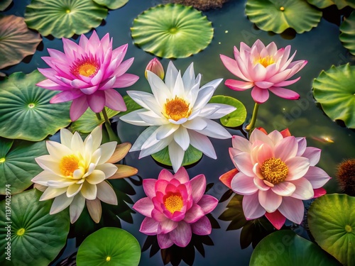 Aerial View Serene Lotus Blooms: Five Pink & White Water Lilies Peaceful Pond Photography
