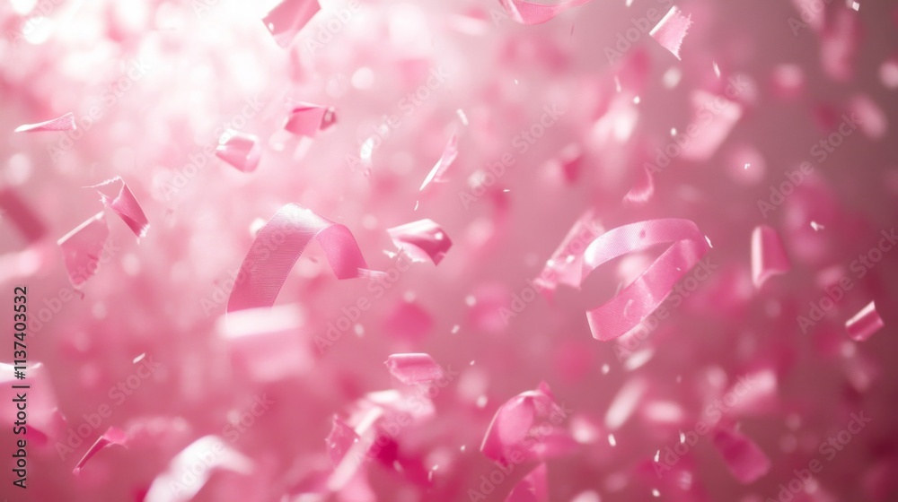 Pink ribbons and confetti falling softly Pink ribbons and confetti falling softly