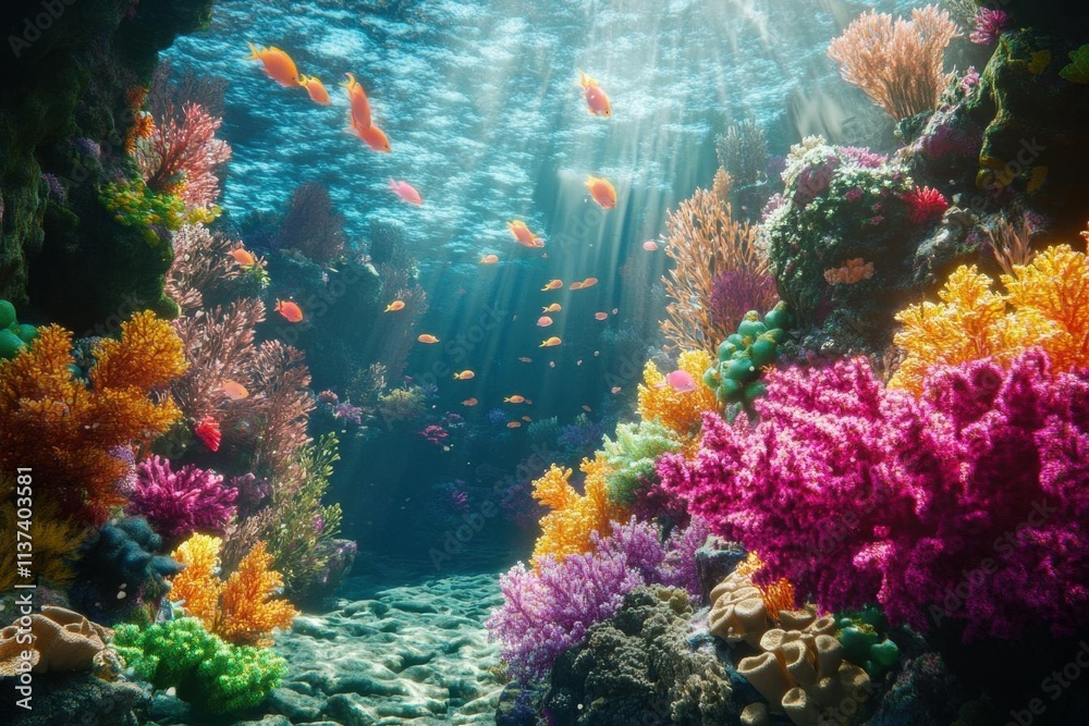 Naklejka premium Vibrant underwater scene with colorful corals and tropical fish.