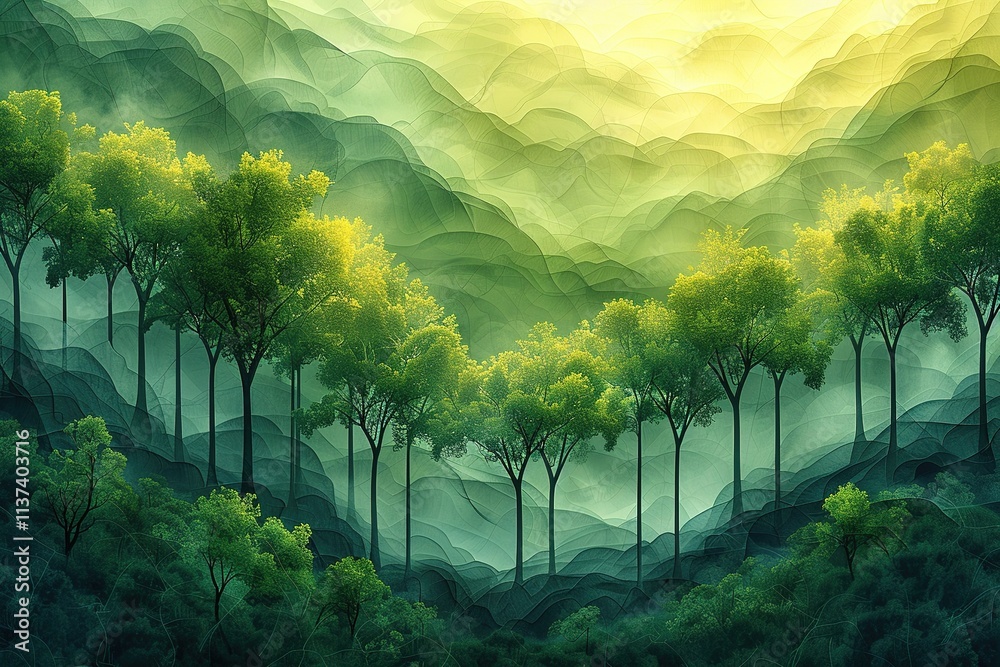 Fototapeta premium A painting of a forest with trees and mountains in the background