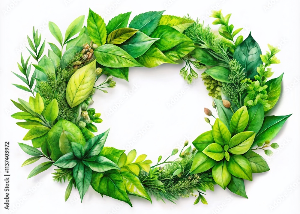Aerial Watercolor Wreath: Green Leaf Abstract Frame, Wild Nature Photography Aerial Watercolor Wreath: Green Leaf Abstract Frame, Wild Nature Photography
