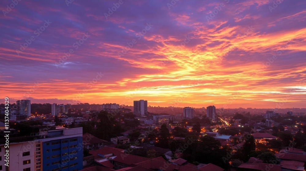 Fototapeta premium A vibrant sunset over a cityscape, illuminating buildings and streets.