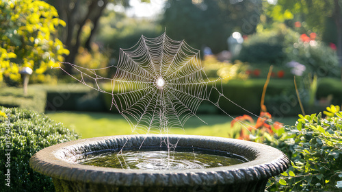 beautiful view of fountain in the park with spider web