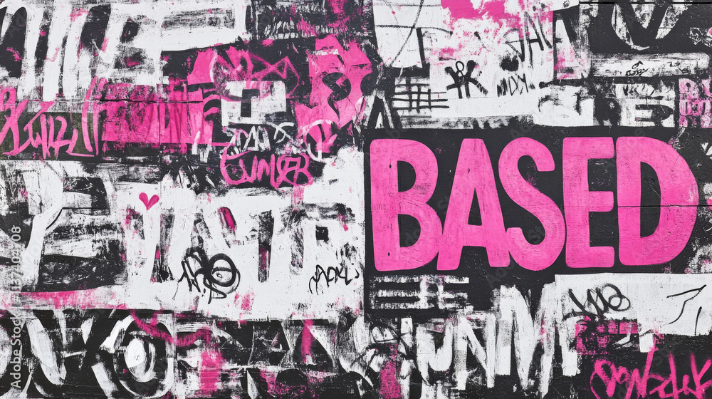 Fototapeta premium Illustration of Based written word like a graffiti on a wall with black and white and pink colors , slang Based word concept image