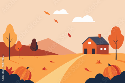 A cozy autumn scene with falling leaves and a pumpkin patch