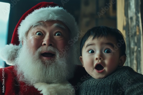 Noel ad campaign conceptual art visual for billboard and internet use. Joyful christmas, Ñute baby boy startled with santa claus. Santa ad kids happy. Xmas ad campaigns. Holiday snowflakes. photo