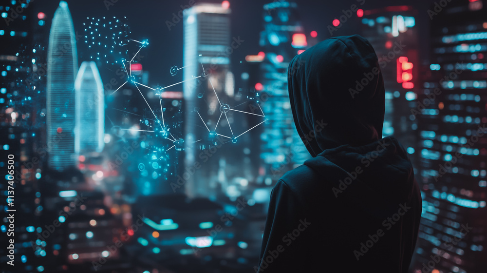 Fototapeta premium Hacker are planning to hack and attack networks and cyber security , innovative Smart city and graphs with statistics to analyze business potential and predict future developments in company growth.