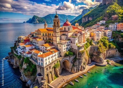 Amalfi Coast Atrani Aerial View: Summer Italian Architecture, Coastal Town, Church, Buildings