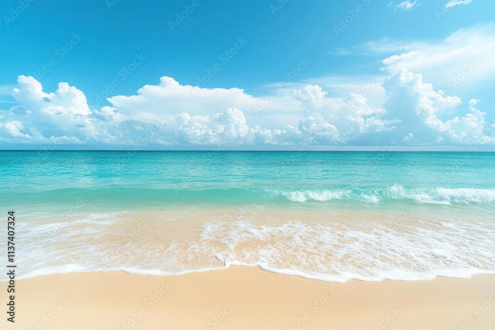 Fototapeta premium Serene beach scene with gentle waves and a clear blue sky.