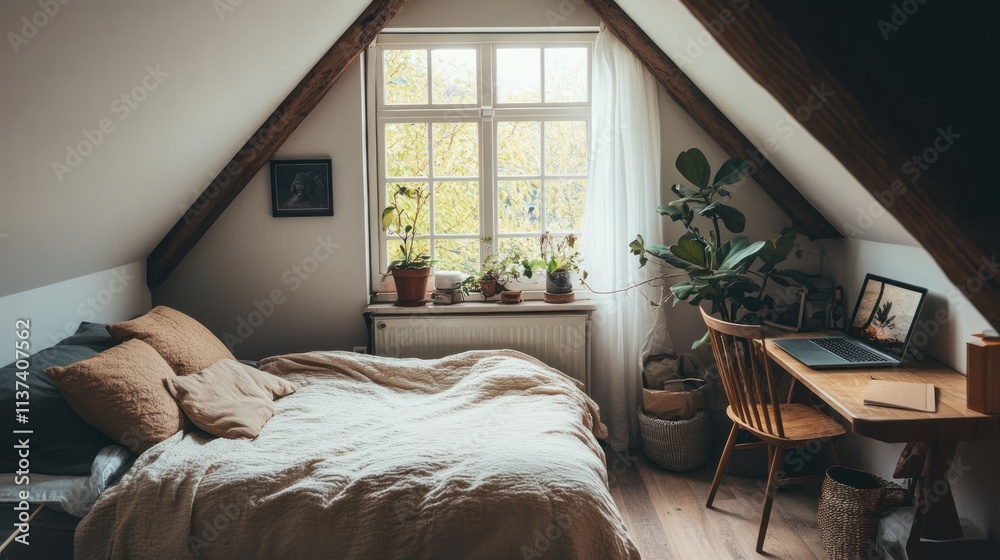 Fototapeta premium Cozy attic bedroom with plants and workspace by the window.