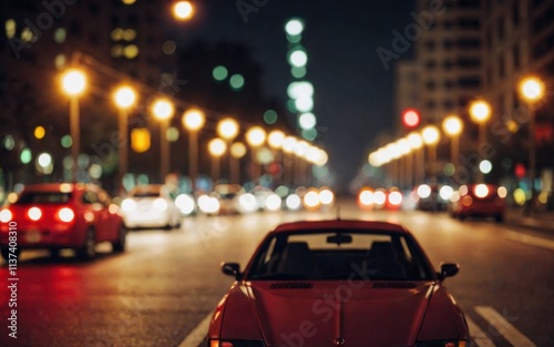 A red car parked on a city street illuminated by streetlights at night.