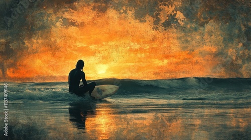 Silhouette of a surfer sitting on his surfboard at sunset on the beach.